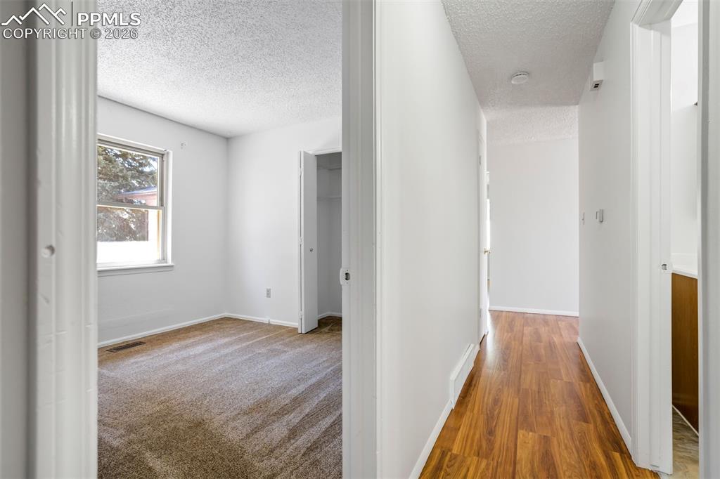 Image 29 of 50: The property features a bright room with carpeted flooring and a window, al