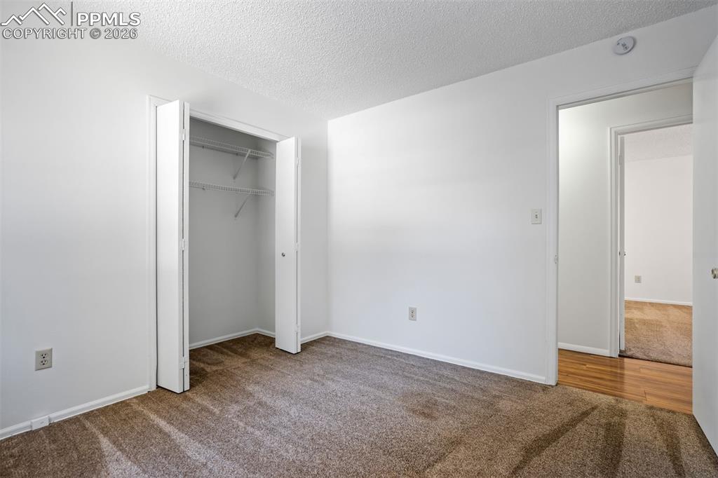 Image 34 of 50: The room features white walls, textured carpeting, and a closet with bifold