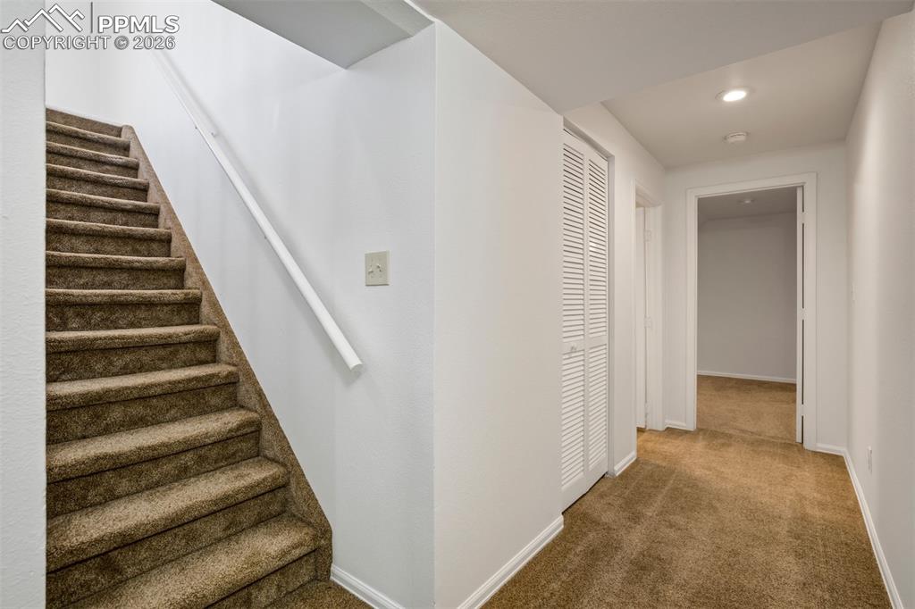 Image 40 of 50: Inviting stairway with carpeted steps and a handrail, leading to a carpeted