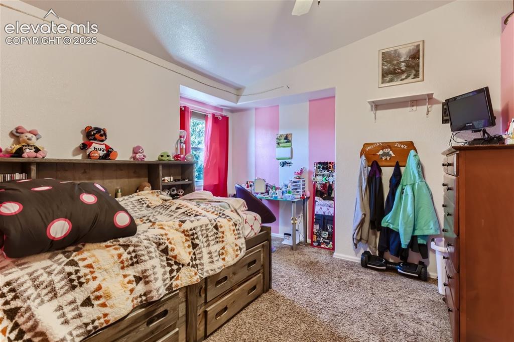 Image 23 of 49: Recessed ceiling, carpet flooring, built-in shelving, window with natural l