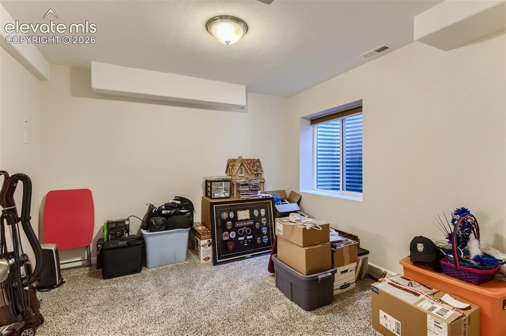 Image 30 of 49: Carpeted room with a ceiling-mounted light fixture, a window with blinds, a