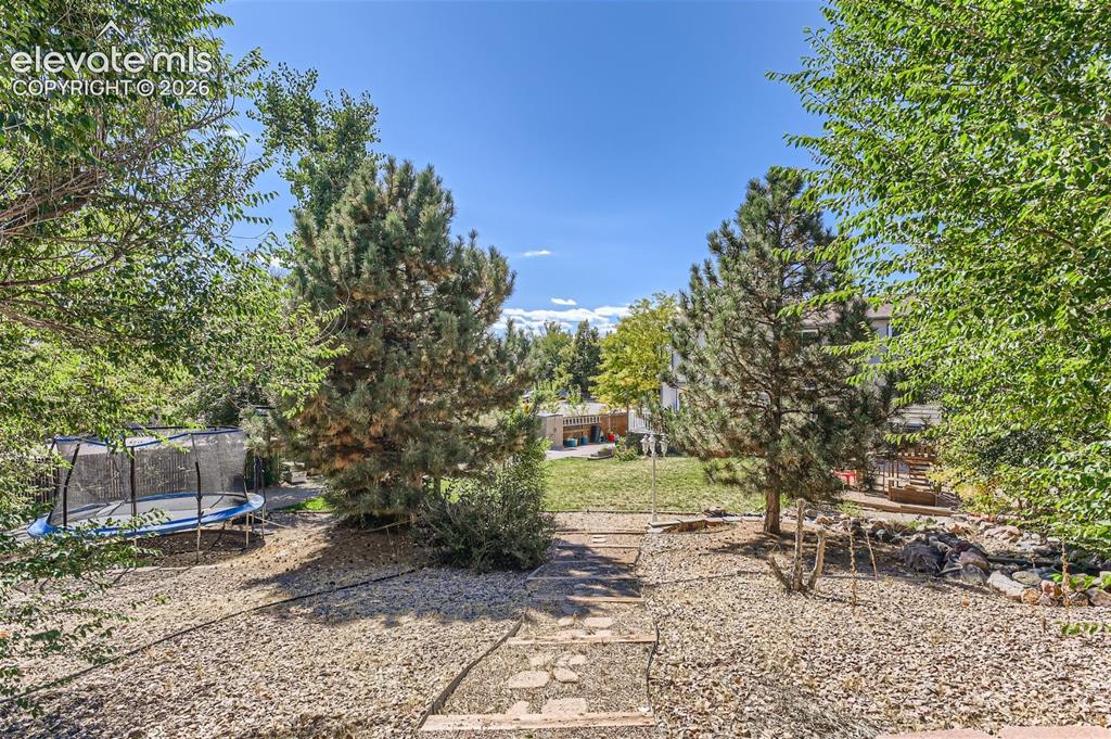 Image 42 of 49: Expansive outdoor space featuring a stone pathway, mature trees, and a rock