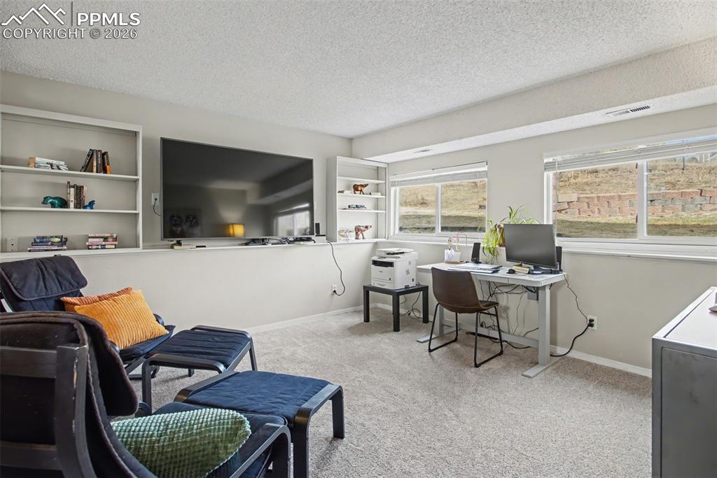 Image 20 of 42: Family room with built-in shelving