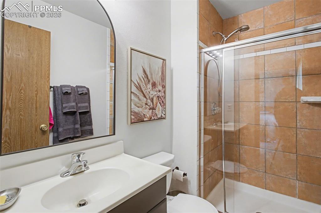 Image 28 of 42: Lower level bathroom with tiled shower
