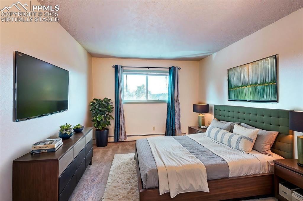 Image 8 of 20: Primary Bedroom featuring carpet floors, large closet and mountain view.  V