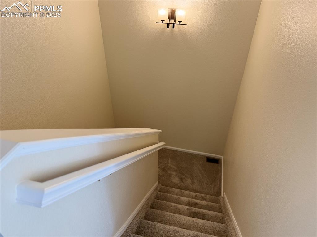 Image 25 of 32: Stairway with a textured wall and carpet flooring