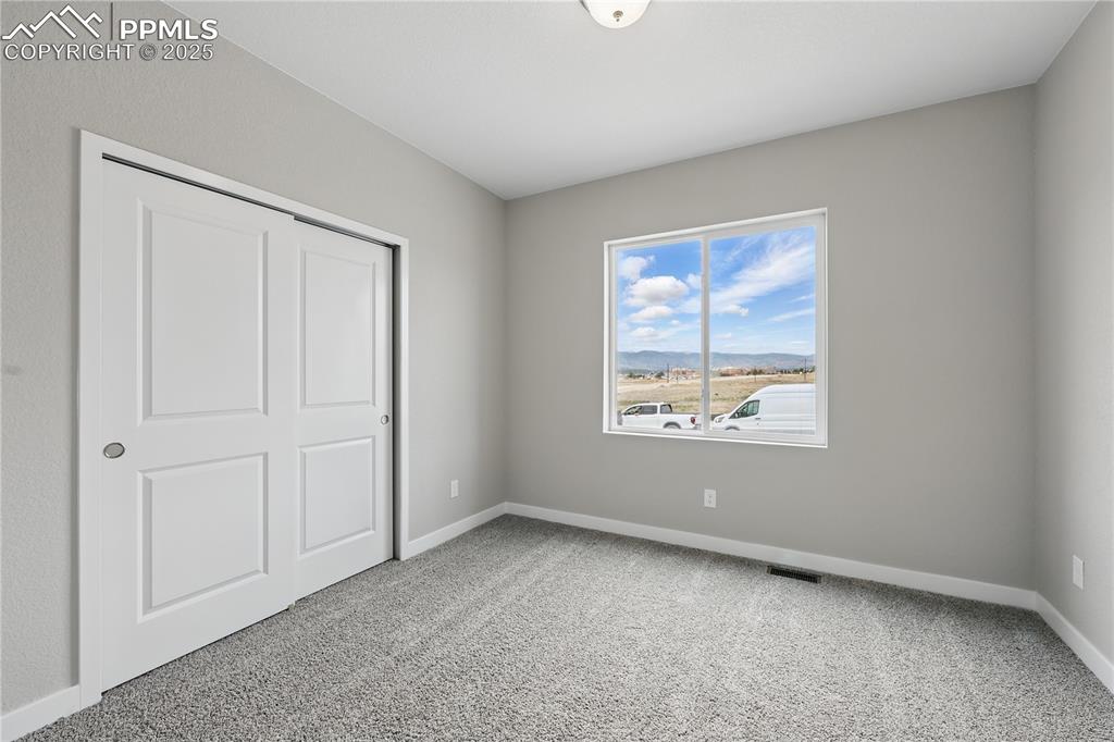 Image 10 of 25: Unfurnished bedroom with carpet flooring, a mountain view, and a closet
