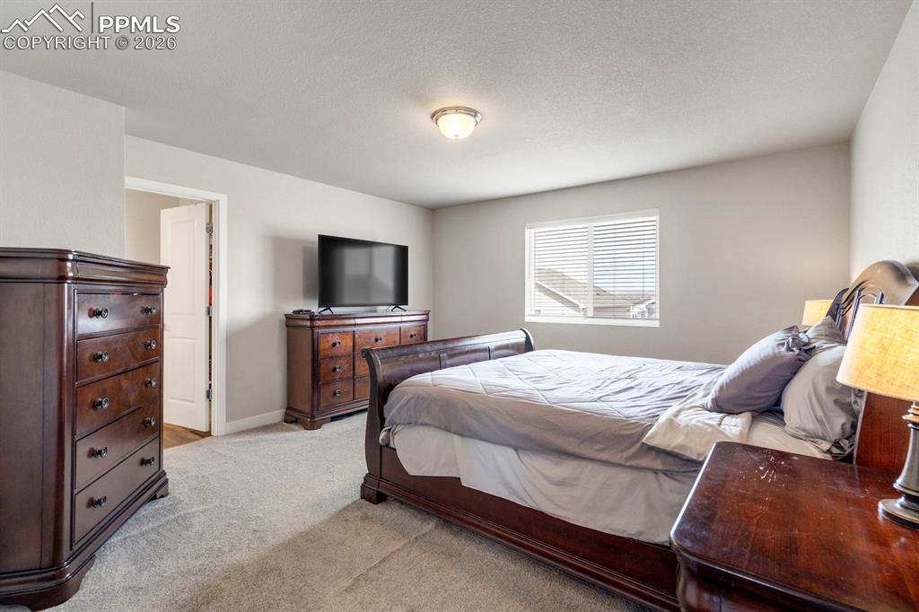Image 20 of 46: Bedroom featuring light carpet and a textured ceiling