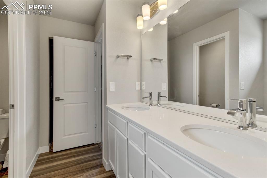 Image 25 of 45: Bathroom with double vanity and dark wood finished floors