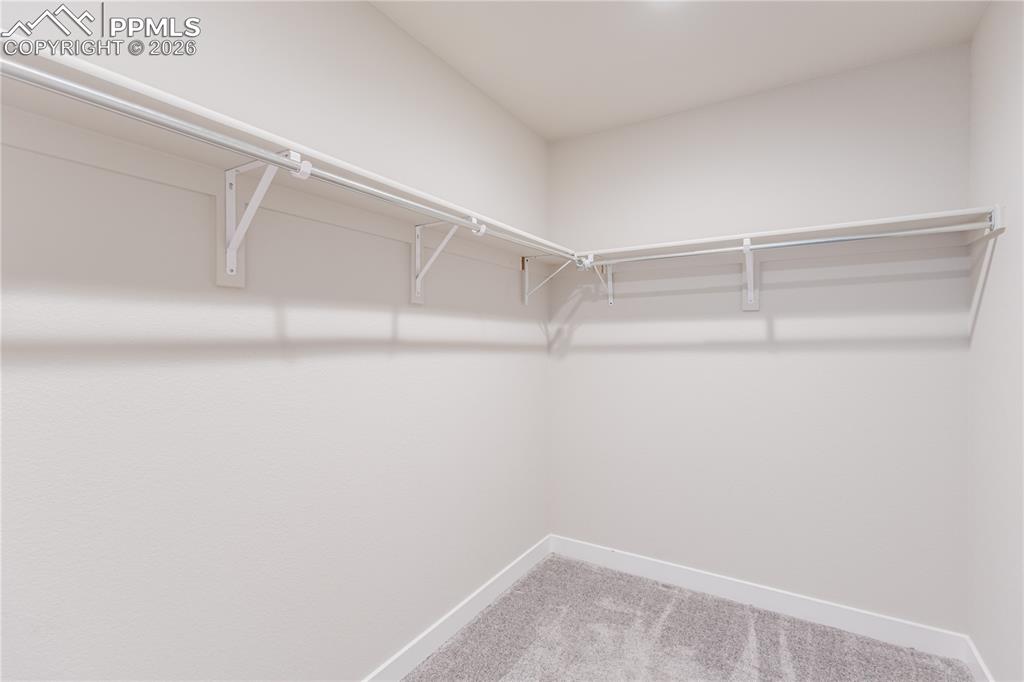 Image 27 of 46: Master bath Walk in closet with light carpet