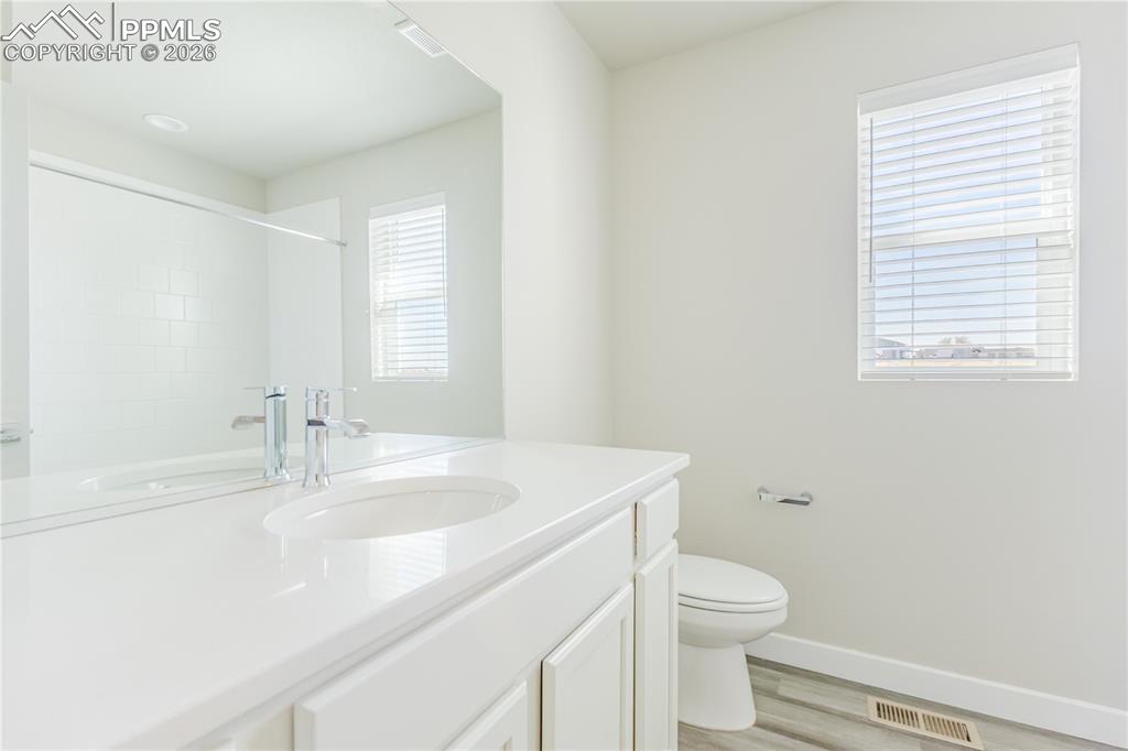 Image 36 of 46: Bathroom featuring vanity, light wood-type flooring, and a shower