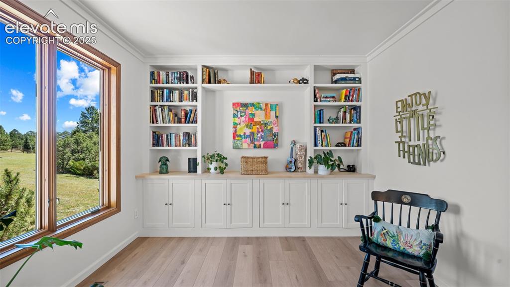 Image 9 of 45: Built in library off the entryway