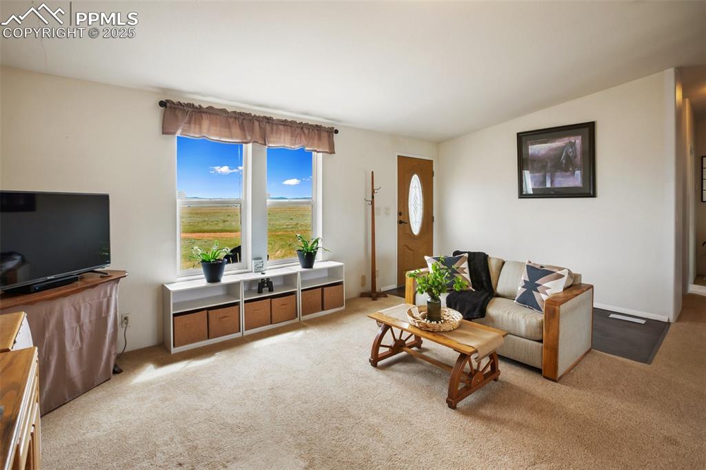Image 11 of 49: Carpeted living area featuring lofted ceiling