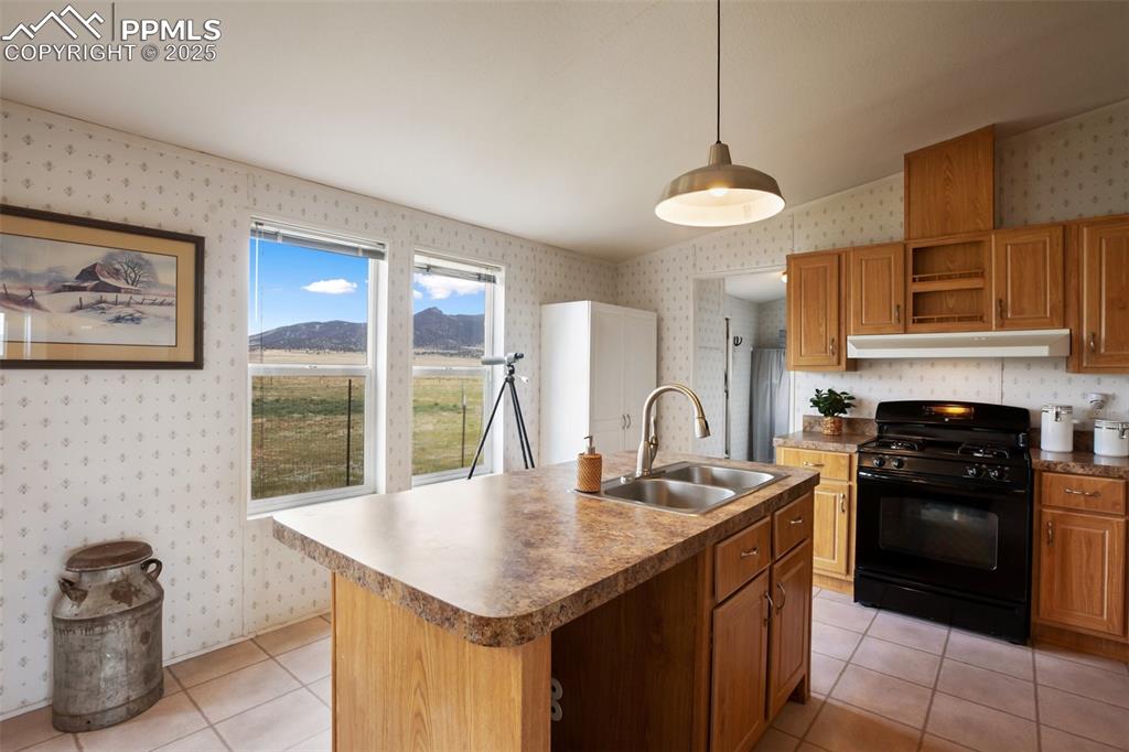 Image 19 of 49: Kitchen with a sink, wallpapered walls, black gas range, under cabinet rang