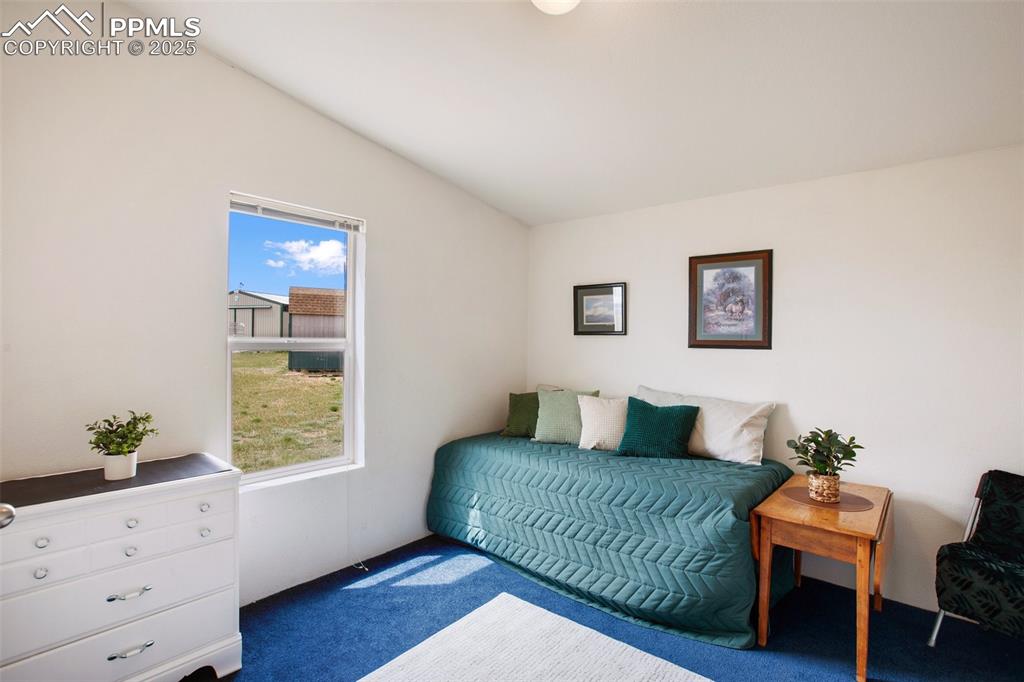 Image 34 of 49: Carpeted bedroom featuring lofted ceiling
