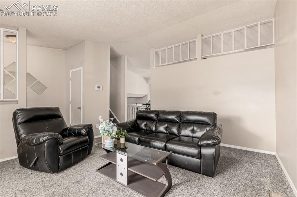 Image 6 of 43: Carpeted living area featuring a textured ceiling