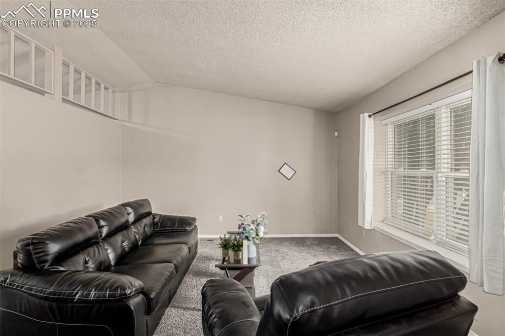 Image 7 of 43: Carpeted living room with lofted ceiling and a textured ceiling