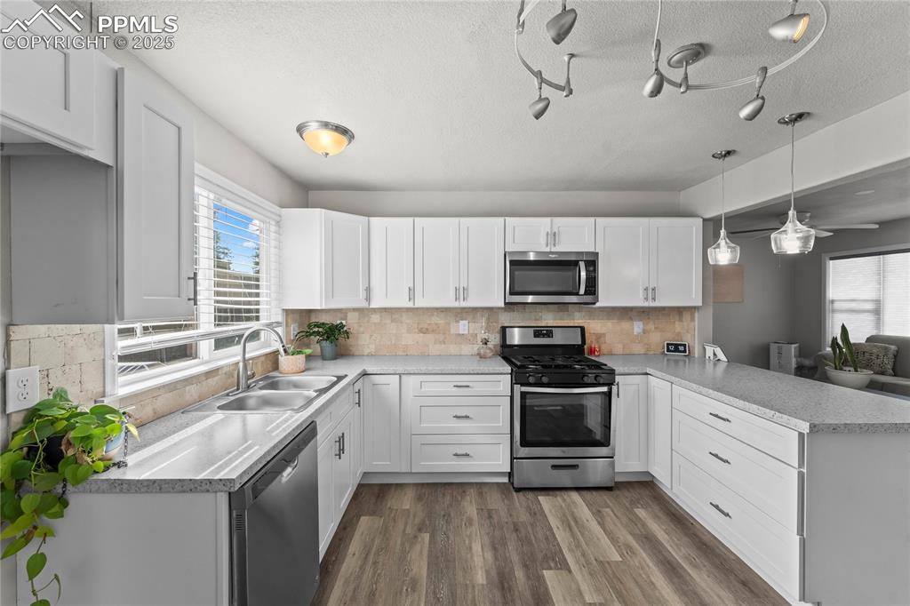 Image 10 of 24: Kitchen featuring stainless steel appliances, dark wood-style floors, a pen