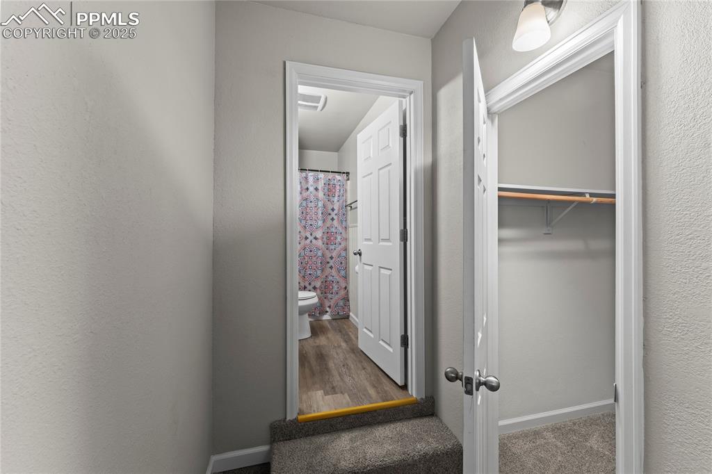 Image 7 of 24: Hallway featuring wood finished floors and a textured wall