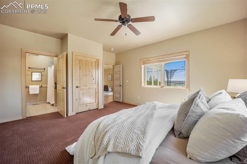 Image 18 of 50: Bedroom with carpet, connected bathroom, and ceiling fan