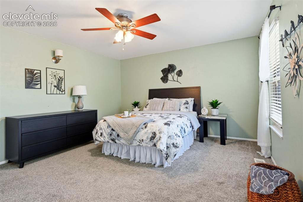 Image 30 of 50: Carpeted room with a ceiling fan, light green walls, a window with blinds,