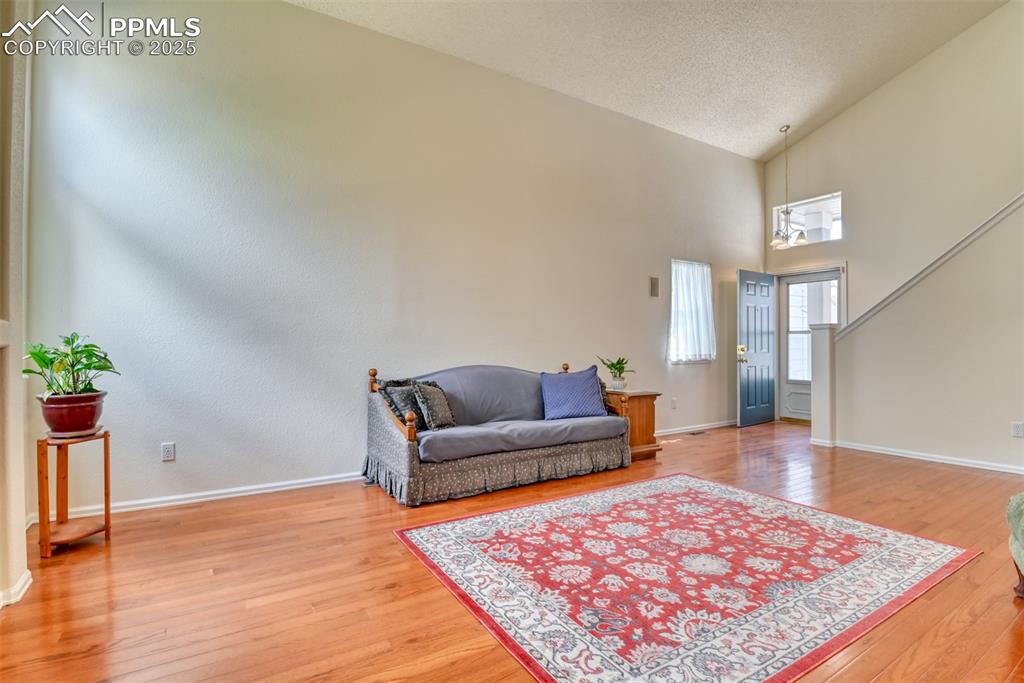 Image 7 of 43: Living area with light wood finished floors, a textured ceiling, high vault