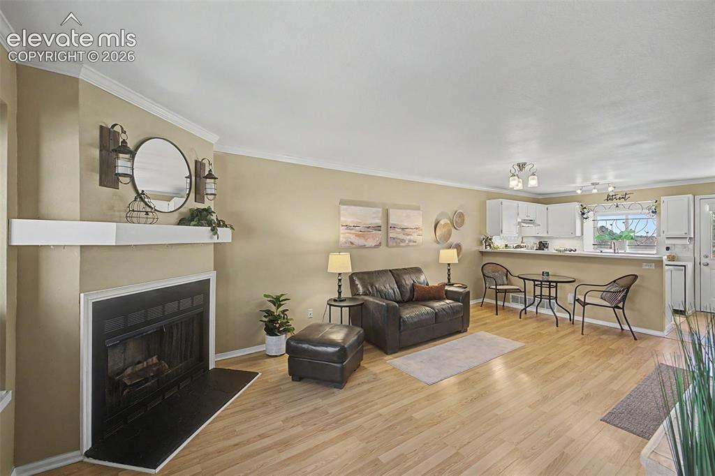 Image 4 of 31: Living area featuring open floorplan and fireplace