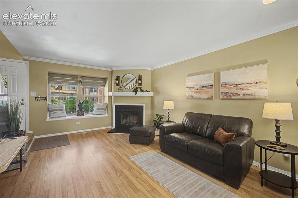Image 6 of 31: Living area featuring fireplace