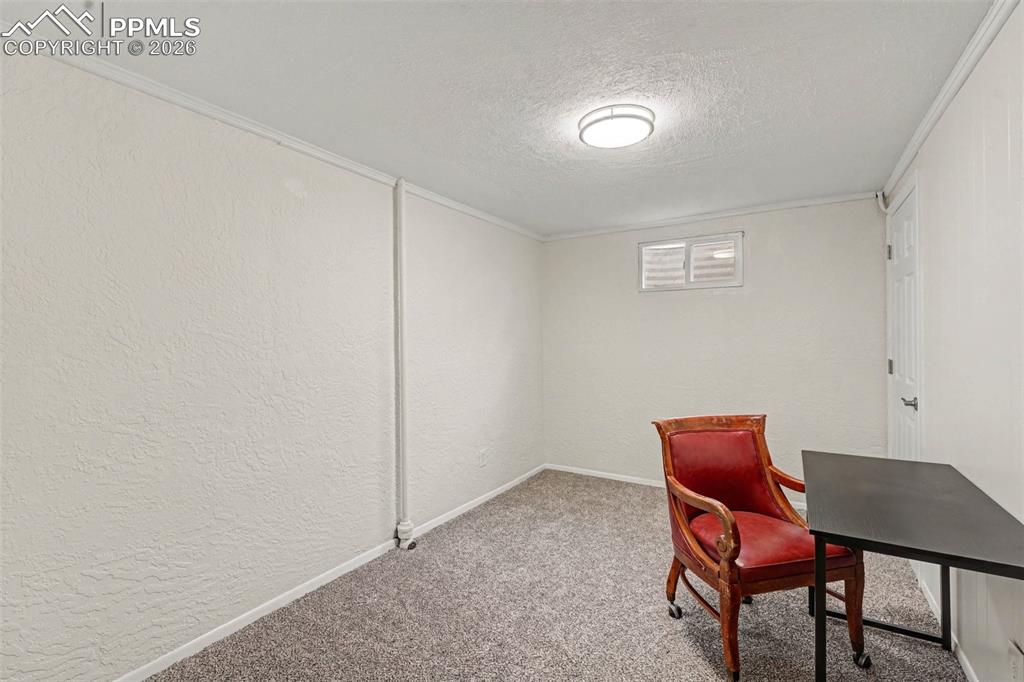 Image 12 of 23: Carpeted office space with a textured wall and a textured ceiling
