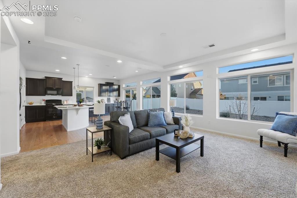 Image 15 of 41: Living room featuring light carpet, a raised ceiling, and recessed lighting