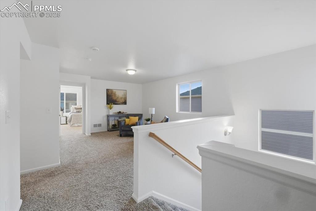 Image 20 of 41: Hallway featuring an upstairs landing, carpet, and healthy amount of natura