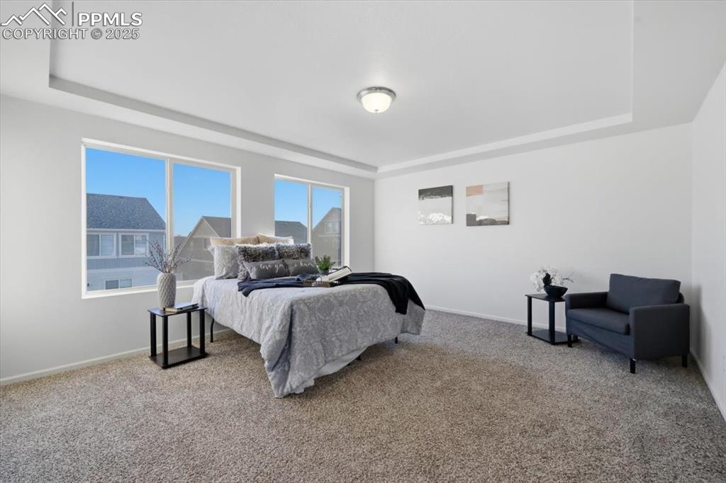 Image 23 of 41: Bedroom with a raised ceiling and light carpet