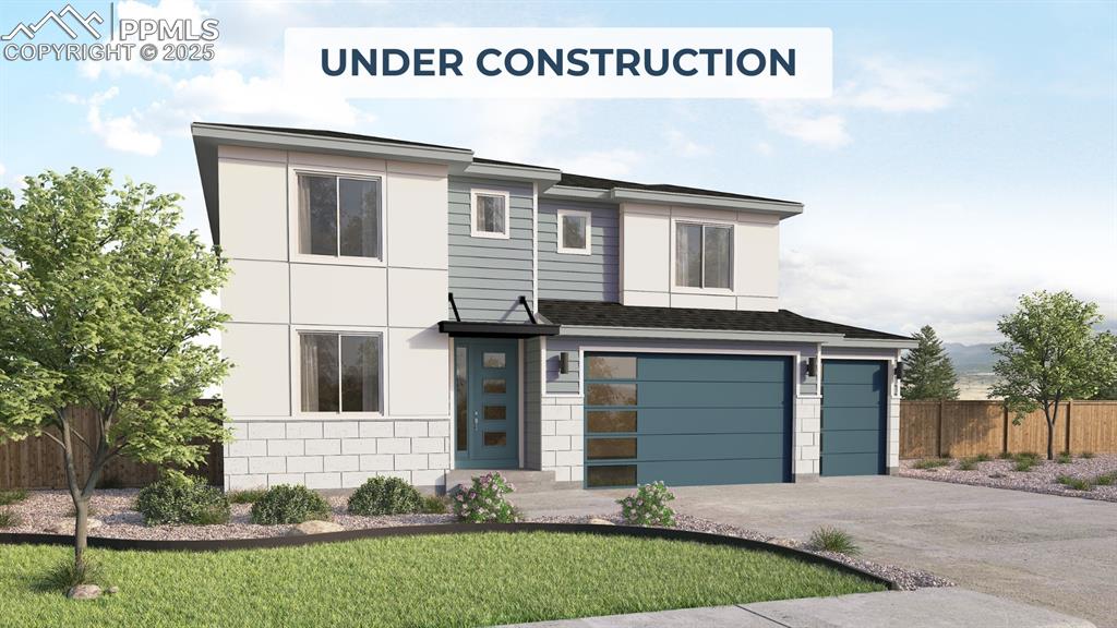 Caption: Contemporary house with concrete driveway, a garage, and roof with shingles