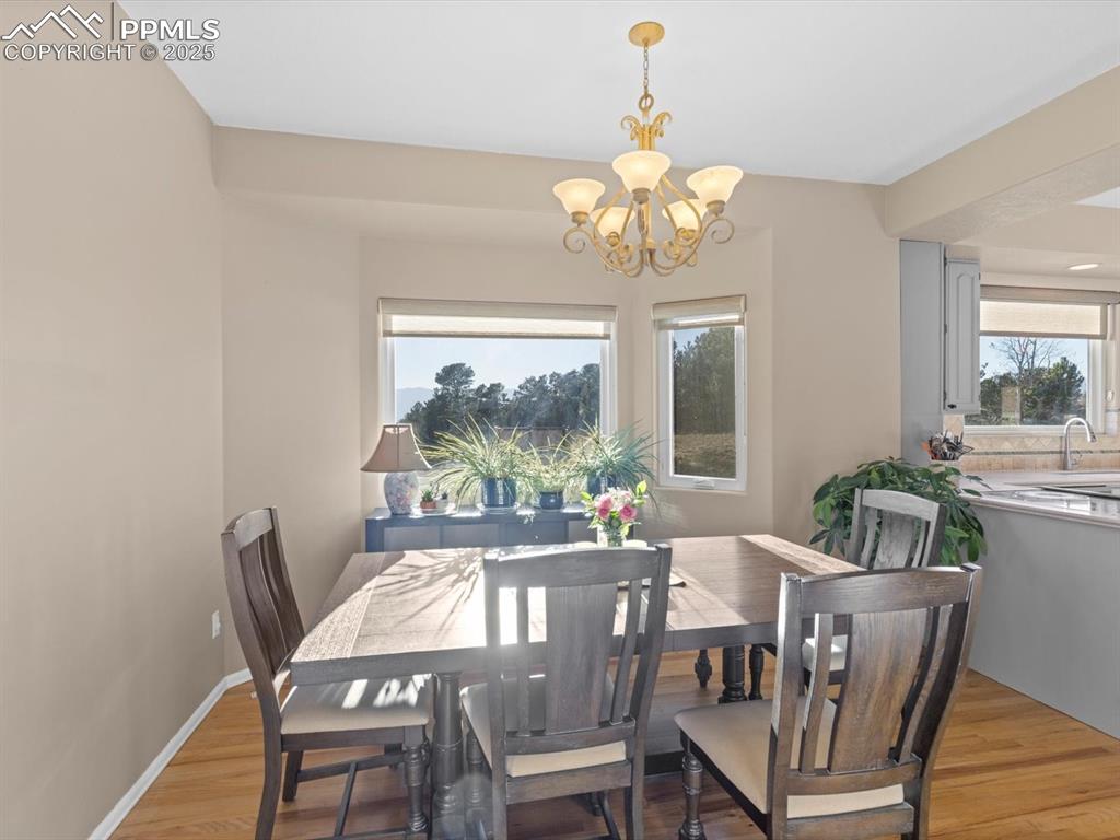 Image 21 of 49: Dining space featuring light wood finished floors and a chandelier