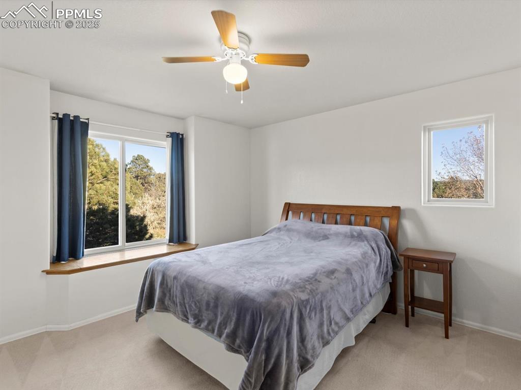 Image 31 of 49: Bedroom with light colored carpet and a ceiling fan