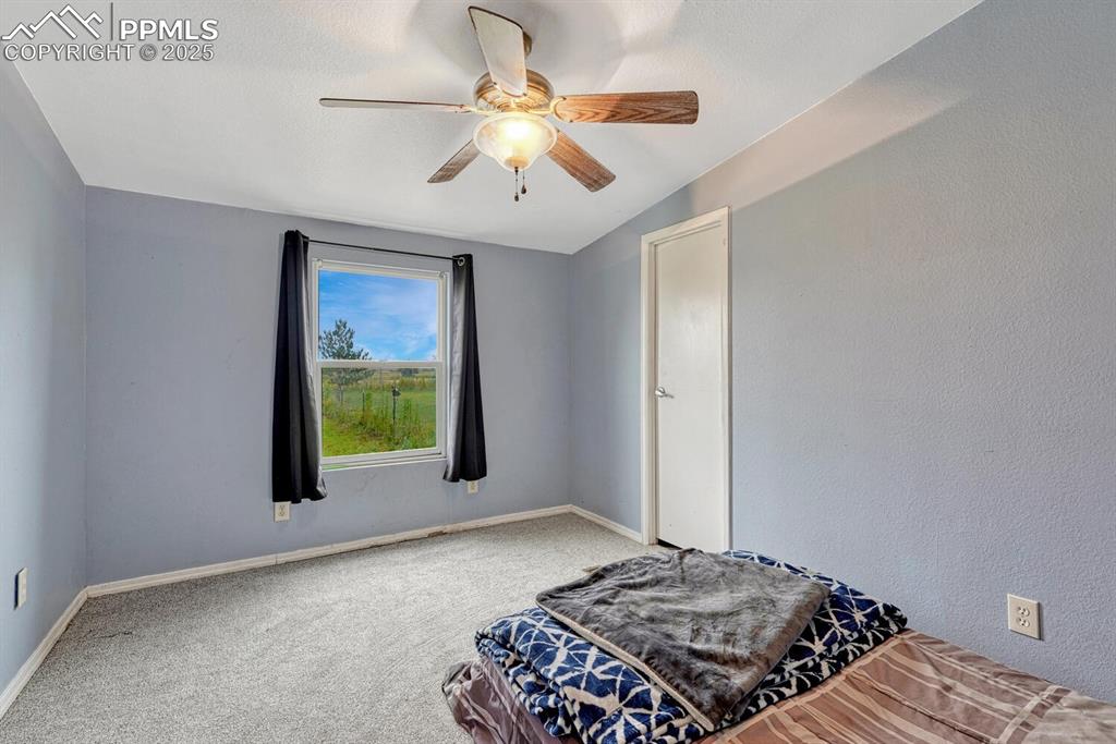Image 26 of 38: Fourth bedroom with newely carpeted floors and ceiling fan.