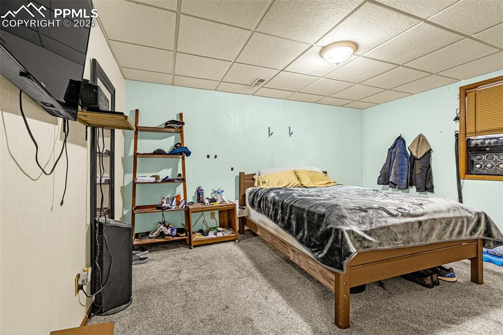 Image 27 of 42: Bedroom with a drop ceiling and carpet flooring