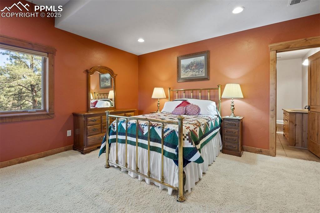 Image 24 of 41: Spacious lower-level bedroom with shared Jack-and-Jill ensuite. 