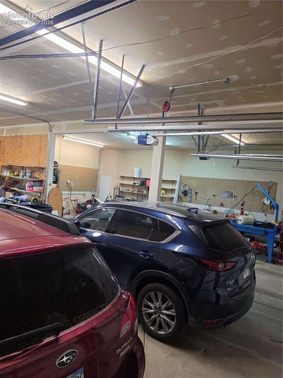 Image 35 of 38: Garage featuring an automatic door opener and overhead fluorescent lighting