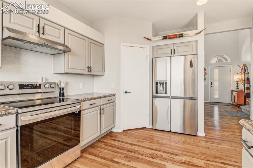 Image 9 of 45: Kitchen with stainless appliances, granite counter tops, walk in pantry and