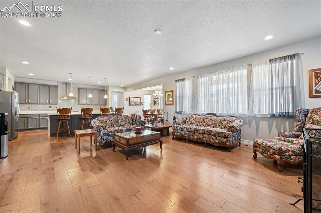Image 10 of 48: Living room with fireplace and beautiful flooring, overlooking gourmet kitc