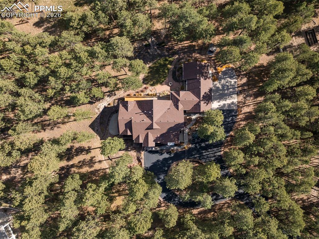 Image 5 of 50: Drone / aerial view / trees and forest surround the home