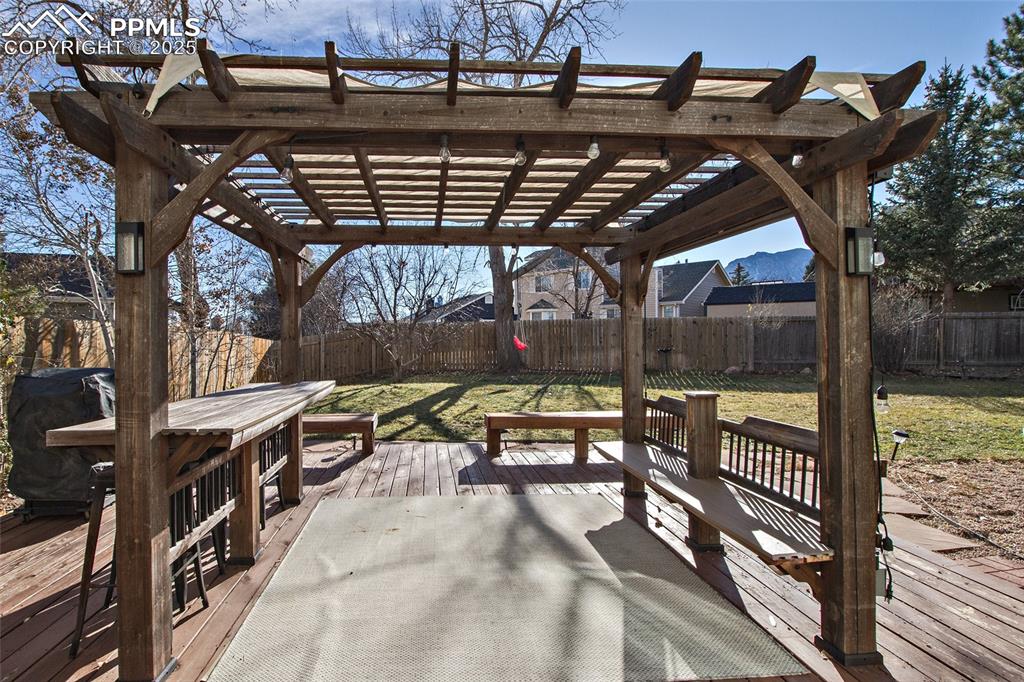 Image 5 of 43: Wooden terrace with a fenced backyard