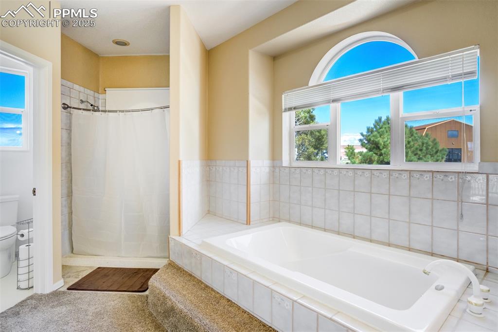 Image 17 of 50: Full bath with healthy amount of natural light, a bath, and a stall shower