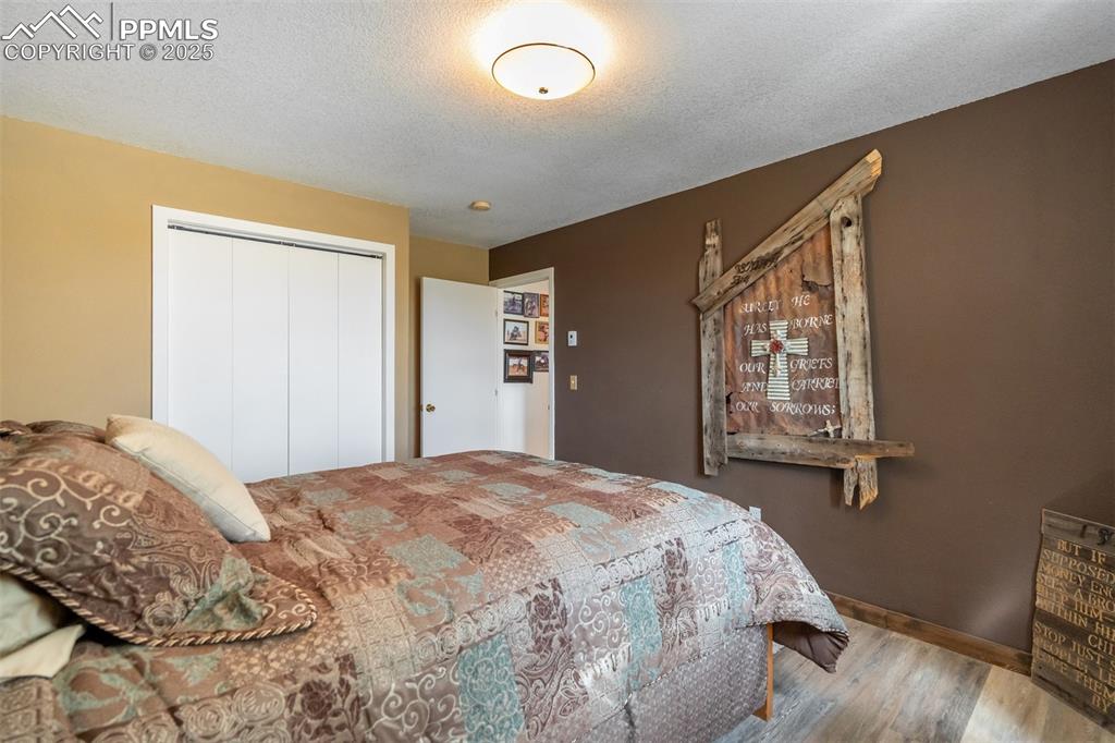 Image 29 of 50: Bedroom featuring a textured ceiling, wood finished floors, and a closet