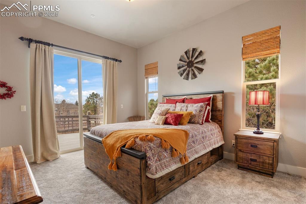 Image 25 of 50: Bedroom featuring access to exterior and light colored carpet