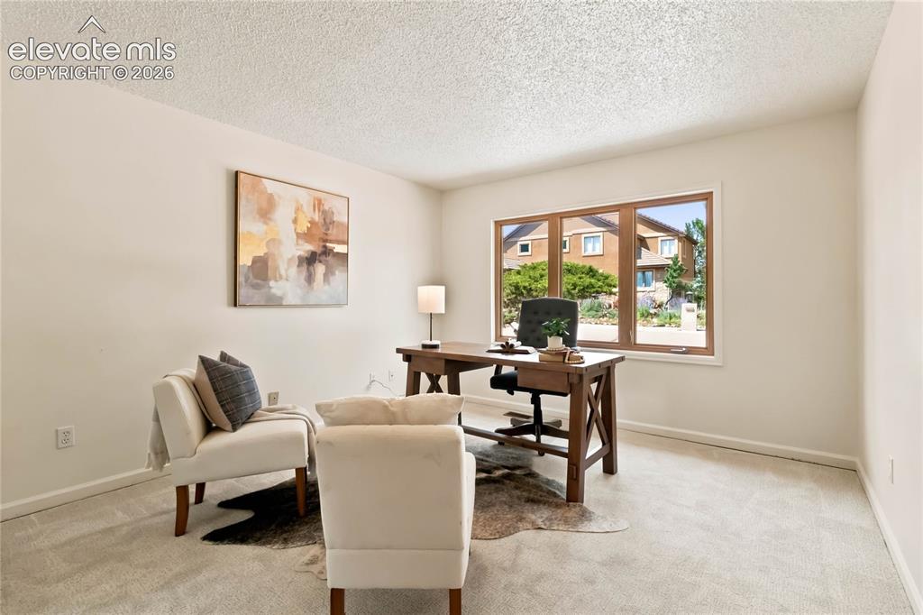 Image 17 of 49: Neutral wall paint, textured ceiling, and a large window with wood-finish f