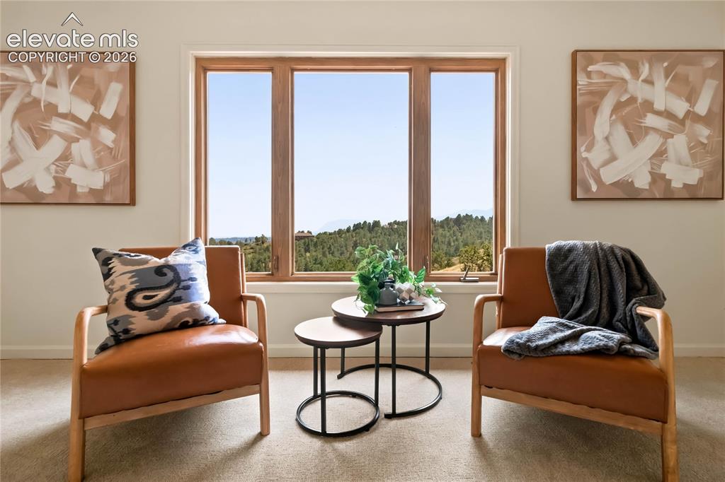 Image 20 of 49: Large window with wood-finish framing, light-toned walls, and neutral carpe