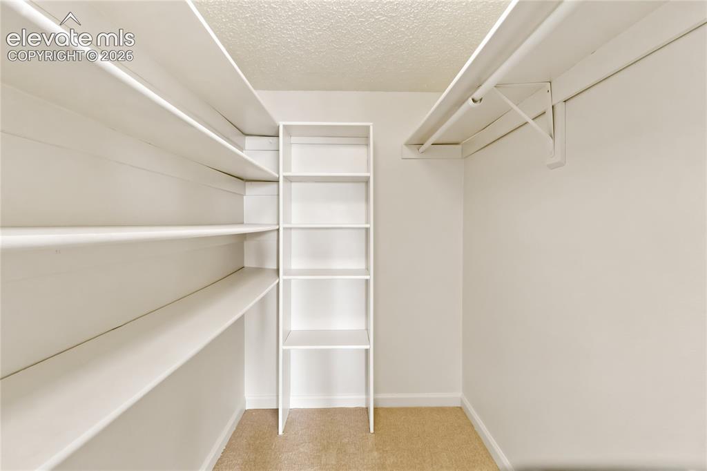 Image 32 of 49: Built-in shelving, hanging rod, and carpeted flooring