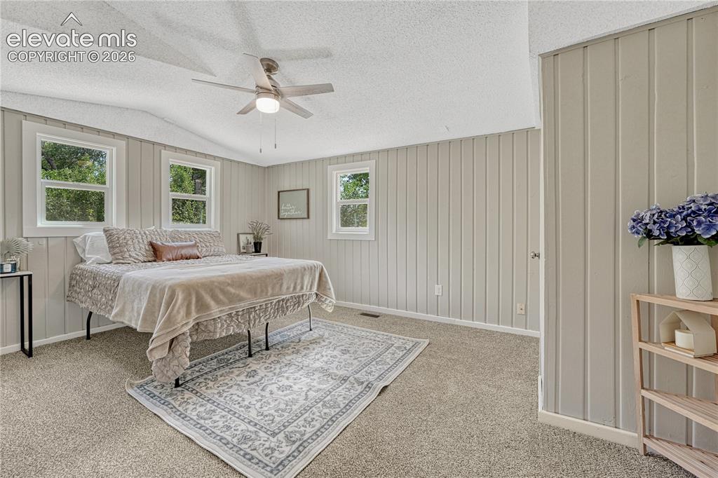 Image 11 of 41: Light-colored carpeted flooring with vertical paneling on walls